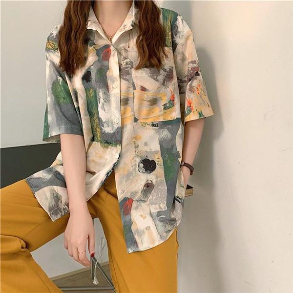 柄シャツ 総柄 抽象柄 ジオメトリック グリーン イエロー 緑 黄色 半袖