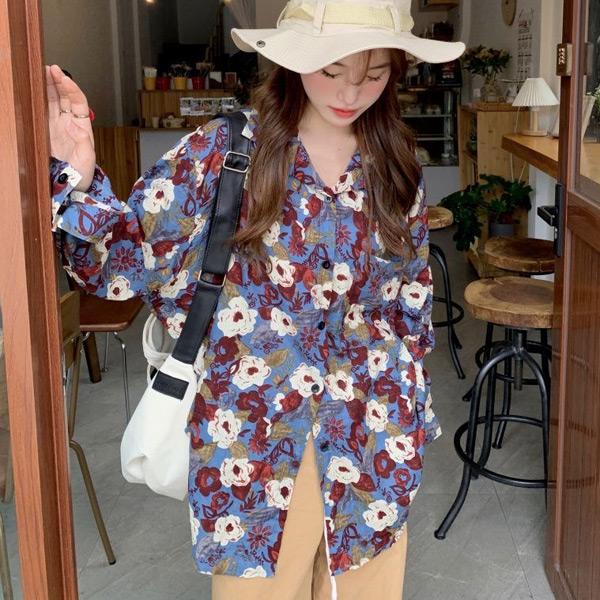 柄シャツ レトロ フラワー柄 ブルー 花柄 長袖シャツ オーバー 柄シャツ レトロ フラワー柄 ブルー 花柄 長袖シャツ オーバー