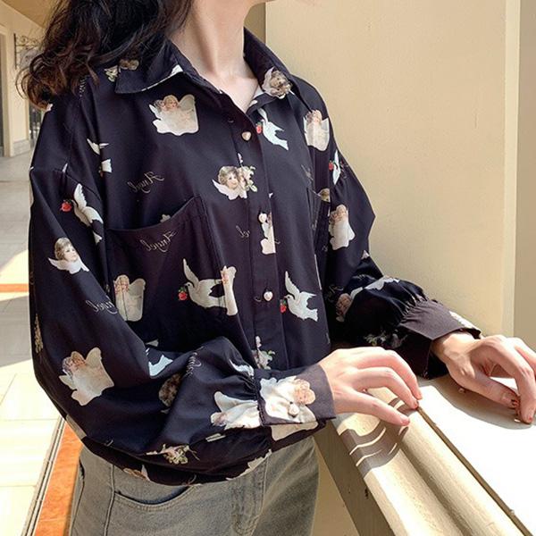 イタズラな天使　TWINS S/S BIG SHIRTS 双子　シャツ 柄シャツ 天使 エンジェル ツインズ 双子 鳩 バラ 薔薇 長袖 長袖