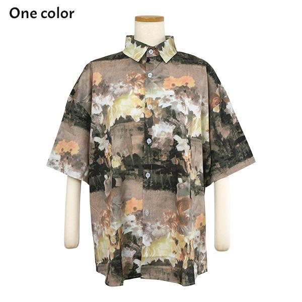 柄シャツ 花柄 ぼかし セピア イエロー オレンジ ブラウン フラワー 