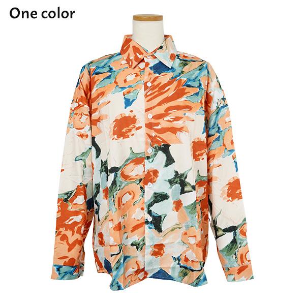 柄シャツ 花柄 オレンジ 大花 ぼかし ペイント フラワー 柄シャツ 花柄 オレンジ 大花 ぼかし ペイント フラワー