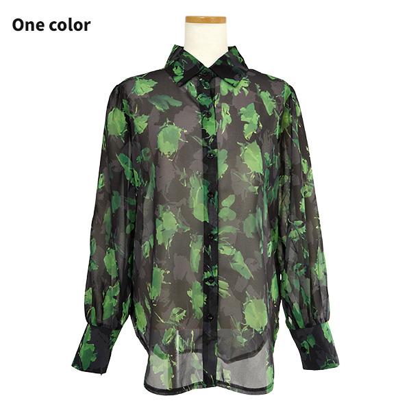 シャツ/ブラウス(長袖/七分) flower petal pattern shirt ( green ) セール】 高島ちぢみ スタンドカラー花柄七分袖シャツ （シャツ