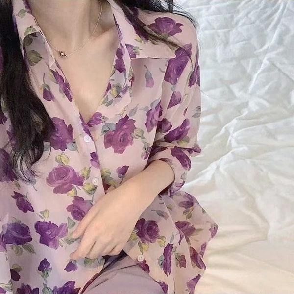 柄シャツ バラ柄 ローズ柄 花柄 フラワー柄 紫 パープル ピンク シアー