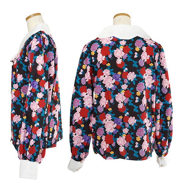 柄シャツ 花柄 花 バラ 薔薇柄 白襟 クレリックカラー パフスリーブ 