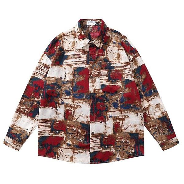 柄シャツ 抽象柄 アート柄 パッチワーク風 ぼかし柄 レッド ワイン