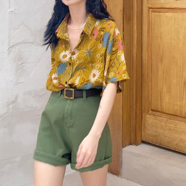 柄シャツ 花柄 フラワー柄 ボタニカル柄 イエロー 黄色 アロハ アロハ
