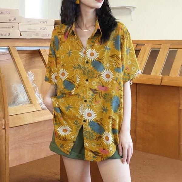 花柄 半袖アロハシャツ 黄色 柄シャツ 花柄 フラワー柄 ボタニカル柄 イエロー 黄色 アロハ アロハ