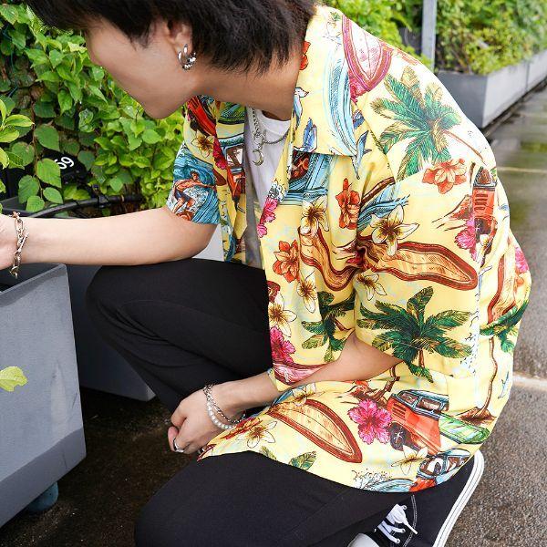 柄シャツ アロハシャツ サーファー柄 イエロー オープンカラー 半袖 