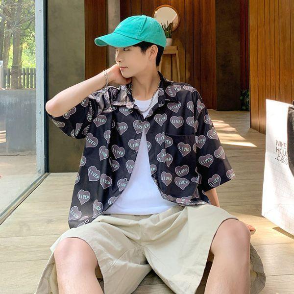 柄シャツ LIVEPロゴ ハート柄 ポップ 半袖 シャツ ダンス 衣装 ヒップ