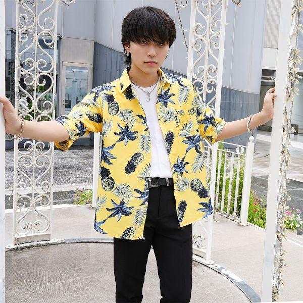 柄シャツ パイナップル柄 イエロー 夏 半袖 シャツ ダンス 衣装 ヒップ
