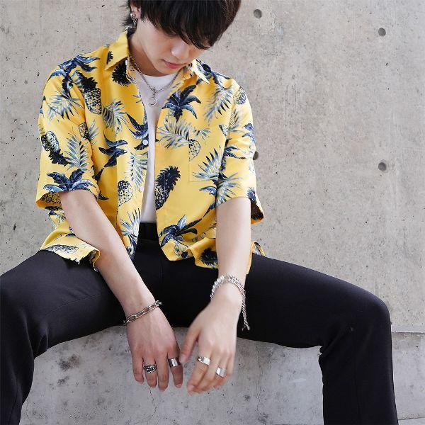 柄シャツ パイナップル柄 イエロー 夏 半袖 シャツ ダンス 衣装 ヒップ