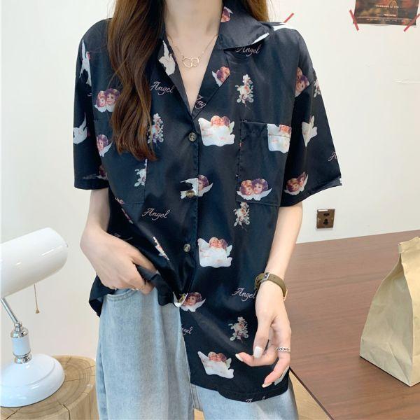 柄シャツ 天使 エンジェル柄 オープンカラー 半袖 シャツ ダンス 衣装