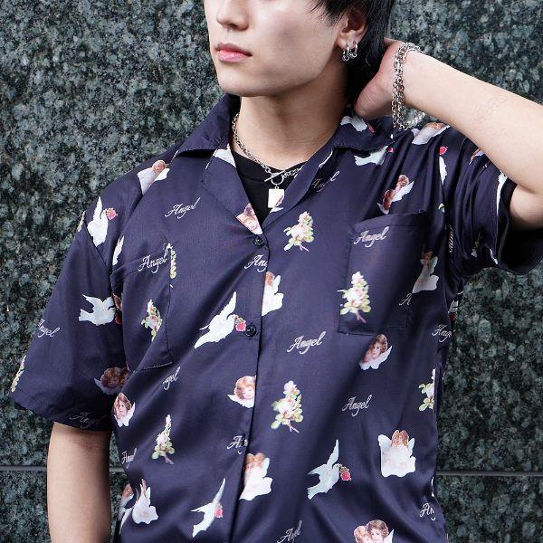 柄シャツ 天使 エンジェル柄 オープンカラー 半袖 シャツ ダンス 衣装