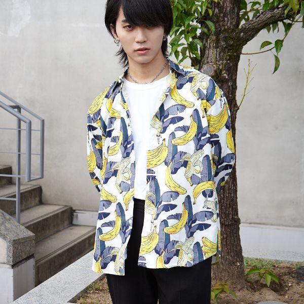柄シャツ バナナ柄 長袖 シャツ ブラック ホワイト ダンス 衣装 ヒップ
