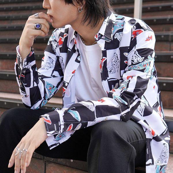 柄シャツ ハイヒール柄 ブロックチェック柄 ヴィクトリアンパンプス