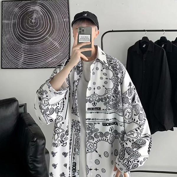 TATRAS バンダナ柄 長袖シャツ グレー/ホワイト 柄シャツ ペイズリー柄 バンダナ柄 ロゴ 長袖 シャツ トップス ダンス
