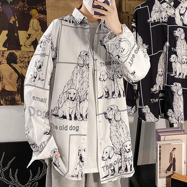 柄シャツ DOG柄 長袖 犬柄 モノトーン シャツ トップス ダンス 衣装