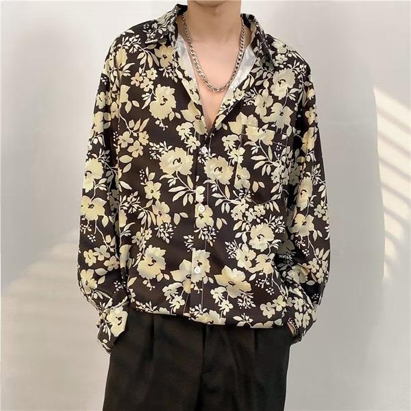 花柄 長袖トップス 黒・ベージュ系 柄シャツ フラワー柄 ブラック×ベージュ 黒 花柄 長袖 シャツ ダンス