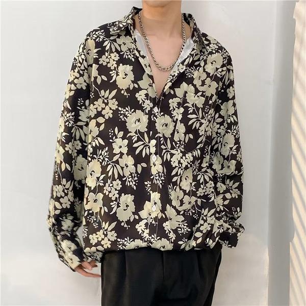 柄シャツ フラワー柄 ブラック×ベージュ 黒 花柄 長袖 シャツ ダンス