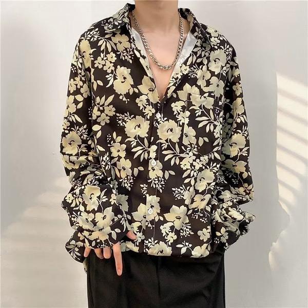 柄シャツ フラワー柄 ブラック×ベージュ 黒 花柄 長袖 シャツ ダンス