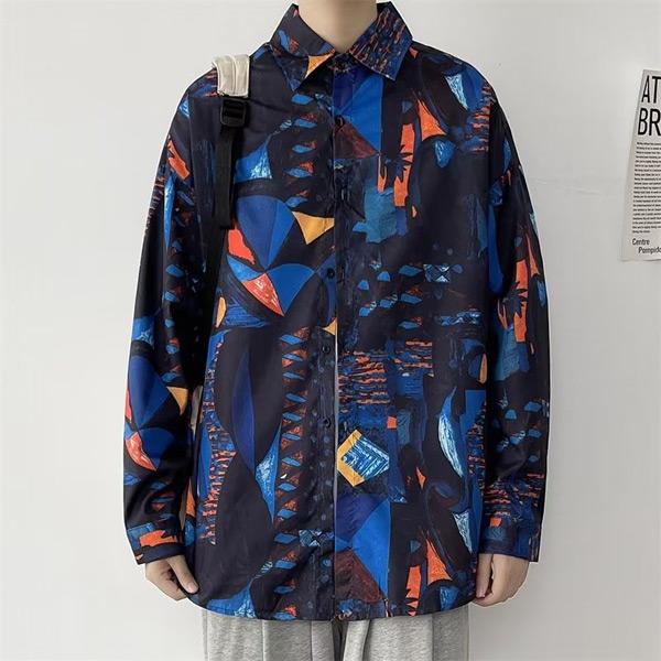 送料無料 柄シャツ 幾何柄 アート プリント ブルー 青 絵画風 ビッグ