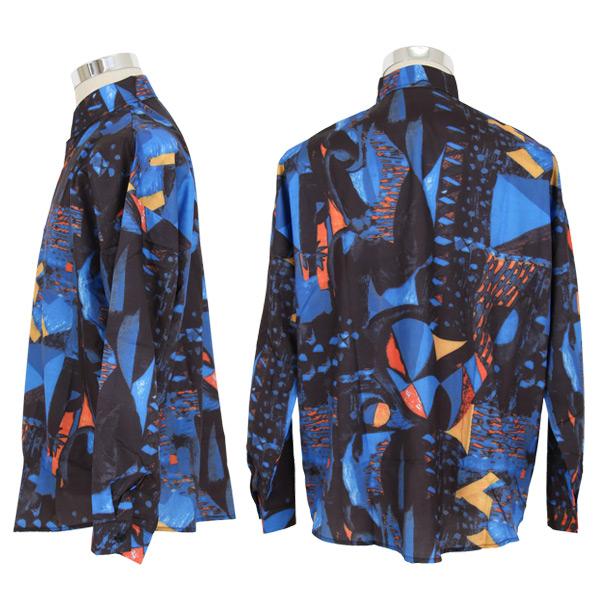 送料無料 柄シャツ 幾何柄 アート プリント ブルー 青 絵画風 ビッグ