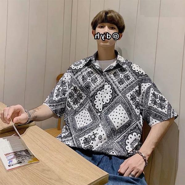 柄シャツ ペイズリー柄 半袖シャツ バンダナ柄 オーバーサイズ 白 黒
