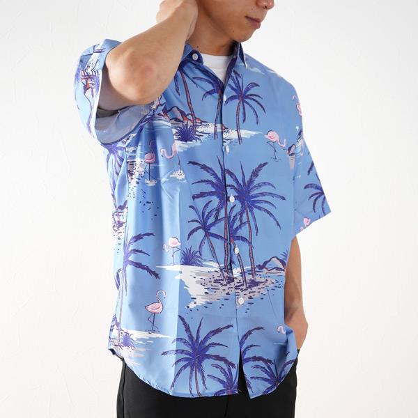 RUDE GALLERY フラミンゴ柄 半袖シャツ 柄シャツ ブルーアロハ 半袖シャツ フラミンゴ柄 ヤシの木 海辺 青色