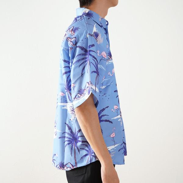 柄シャツ ブルーアロハ 半袖シャツ フラミンゴ柄 ヤシの木 海辺 青色