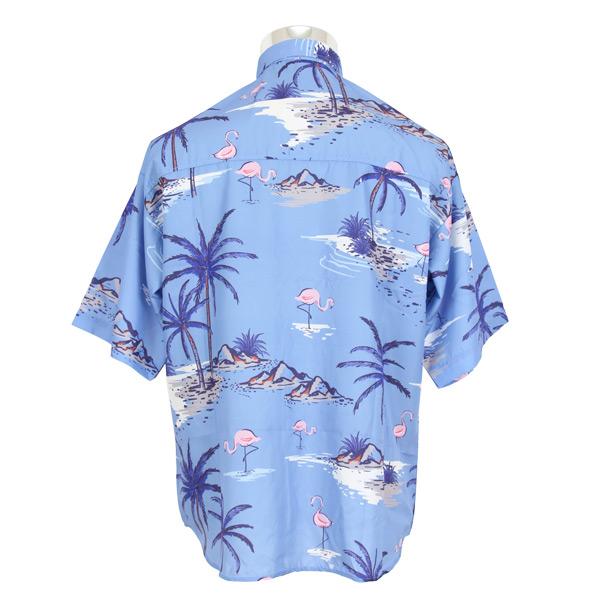 柄シャツ ブルーアロハ 半袖シャツ フラミンゴ柄 ヤシの木 海辺 青色 