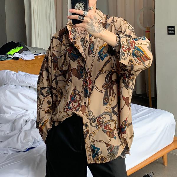 柄シャツ チェーンベルト柄 長袖シャツ レトロ ビンテージ風 ベージュ ブラック ダンス 衣装 ヒップホップ 韓国ファッション 大きいサイズ 個性的 服 シャツ |  | 02