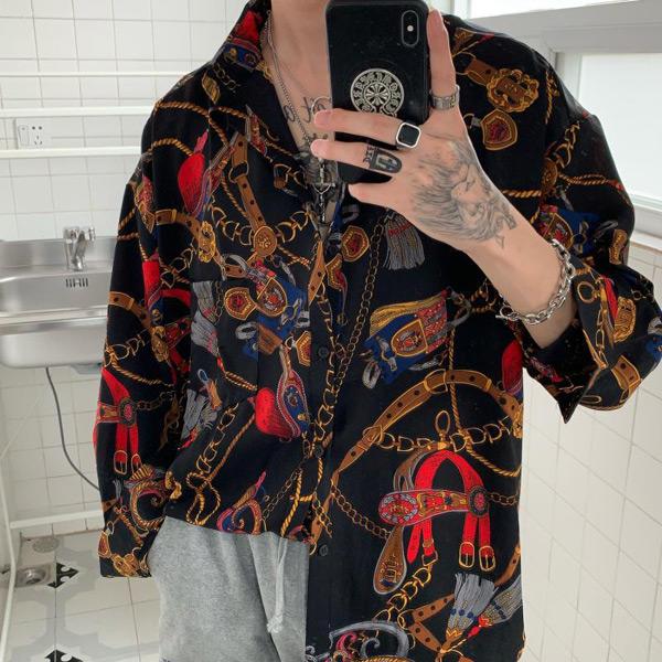 柄シャツ チェーンベルト柄 長袖シャツ レトロ ビンテージ風 ベージュ ブラック ダンス 衣装 ヒップホップ 韓国ファッション 大きいサイズ 個性的 服 シャツ |  | 04