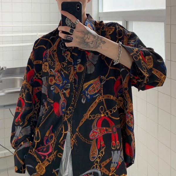 柄シャツ チェーンベルト柄 長袖シャツ レトロ ビンテージ風 ベージュ ブラック ダンス 衣装 ヒップホップ 韓国ファッション 大きいサイズ 個性的 服 シャツ |  | 05