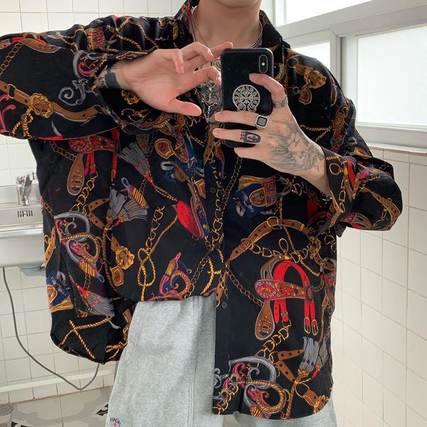 柄シャツ チェーンベルト柄 長袖シャツ レトロ ビンテージ風 ベージュ ブラック ダンス 衣装 ヒップホップ 韓国ファッション 大きいサイズ 個性的 服 シャツ |  | 06