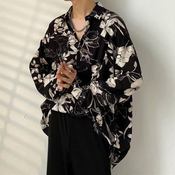 柄シャツ ボタニカル柄 長袖シャツ 和風 レトロ 花柄 セピア 柄シャツ ボタニカル柄 長袖シャツ 和風 レトロ 花柄 セピア