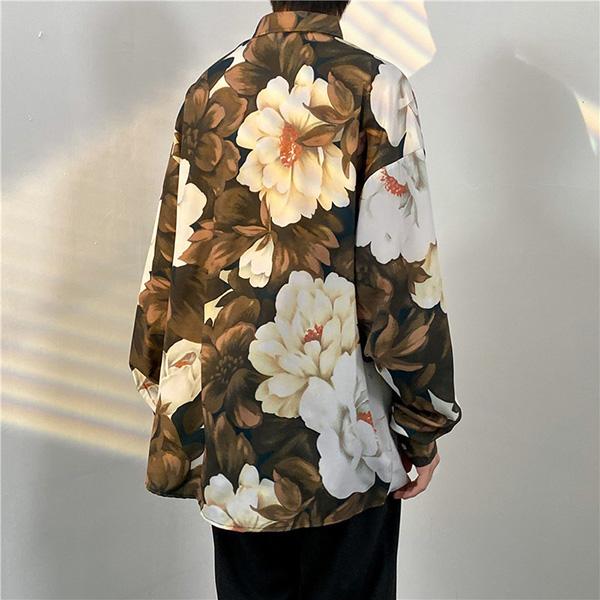 柄シャツ 花柄 フラワー 大花 ブラウン 茶色 セピア タイ 異国