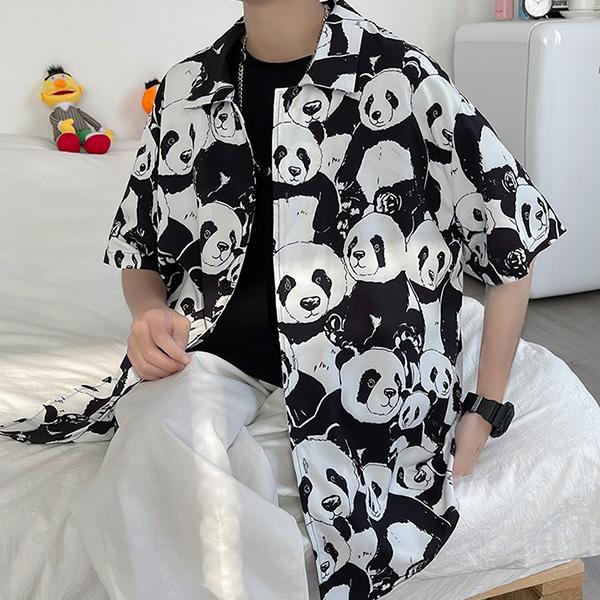 柄シャツ パンダ パンダ柄 総柄 動物 アニマル ファニー モノクロ 白黒 