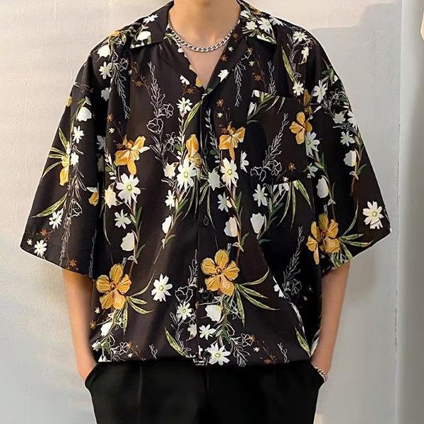 柄シャツ 花柄 フラワー ボタニカル 植物柄 ブラック 黒 アロハ 