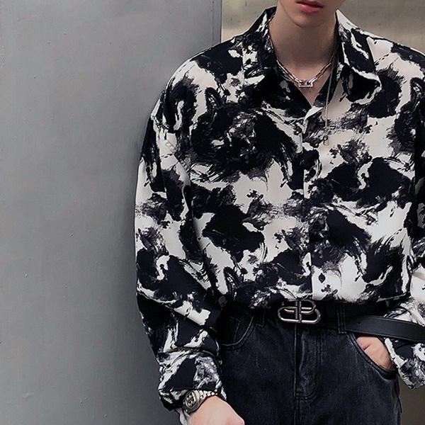 柄シャツ スプラッシュ 墨 飛び散り スプレー 白黒 モノトーン