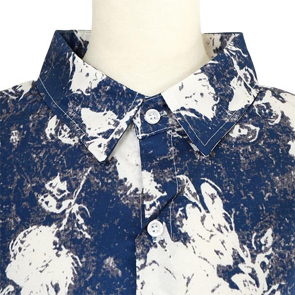 柄シャツ 抽象柄 ぼかし柄 花柄 ブルー ホワイト 青 白 デニム風 長袖