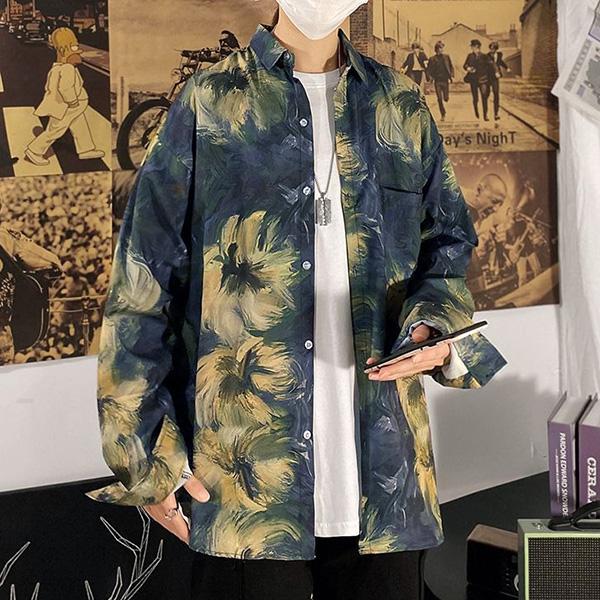 柄シャツ 植物柄 ボタニカル柄 フラワー柄 花柄 トロピカル柄 ブルー グリーン 長袖 長袖シャツ オーバーサイズ 衣装 韓国 大きいサイズ 個性的 春服 夏服 秋服 | 