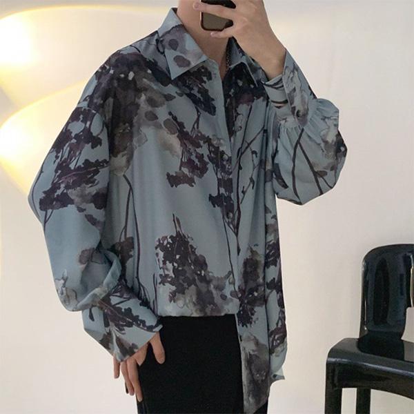 柄シャツ リーフ柄 枝葉柄 くすみブルー ボタニカル柄 水墨画風 ぼかし柄 長袖 長袖シャツ オーバーサイズ 衣装 個性的 春服 夏服 秋服 冬服 | 