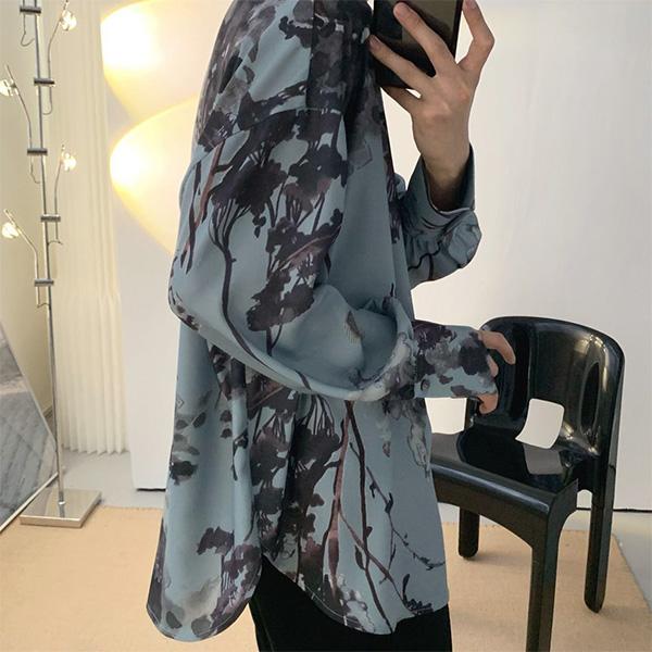 柄シャツ リーフ柄 枝葉柄 くすみブルー ボタニカル柄 水墨画風 ぼかし柄 長袖 長袖シャツ オーバーサイズ 衣装 個性的 春服 夏服 秋服 冬服 |  | 01