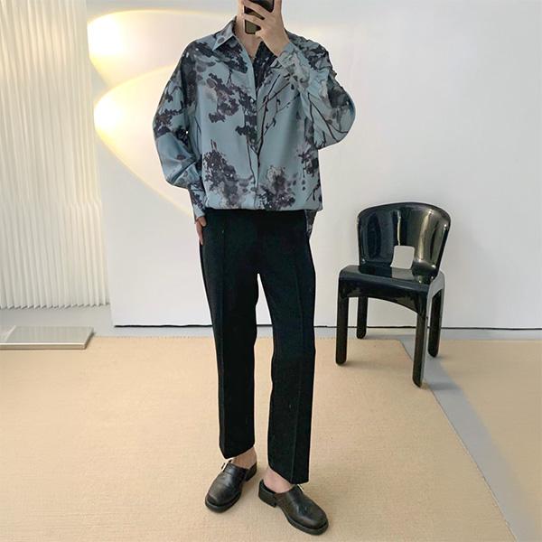 柄シャツ リーフ柄 枝葉柄 くすみブルー ボタニカル柄 水墨画風 ぼかし柄 長袖 長袖シャツ オーバーサイズ 衣装 個性的 春服 夏服 秋服 冬服 |  | 02