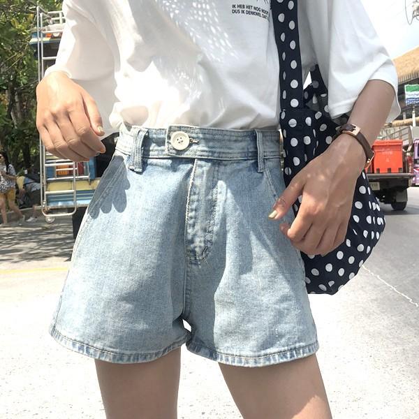 パンツ デニム ショート シンプル ダメージ ライトブルー アシメ 膝上