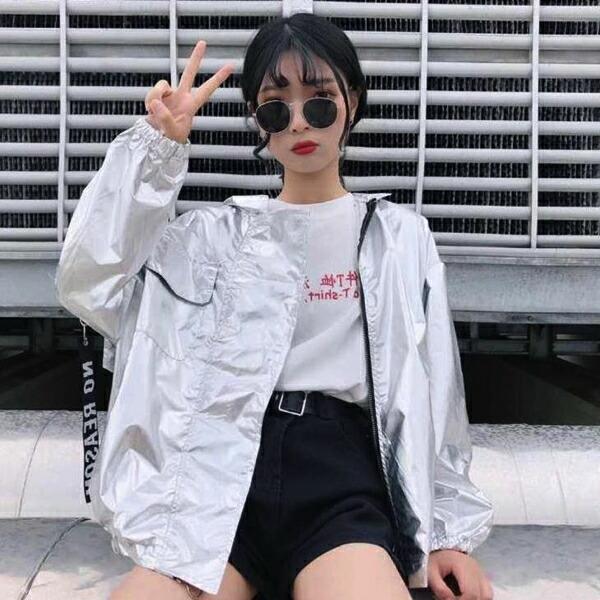 ウインドブレーカー シャカシャカ パープル シルバー 光沢感