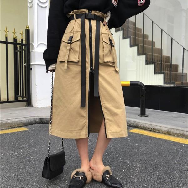 スカート マキシム丈 フロントジッパー 腰ベルト レディース