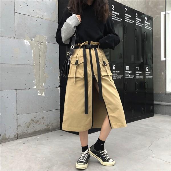 スカート マキシム丈 フロントジッパー 腰ベルト レディース