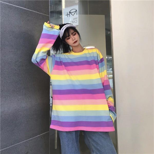 長袖カットソー ロンT レインボー オーバーシルエット レディース 