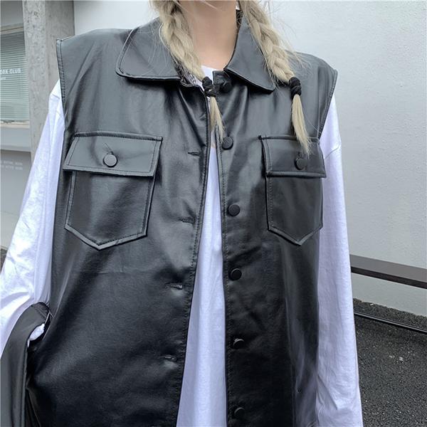 PU レザー ベスト ジャケット ブラック ボタン 前開き オーバーサイズ